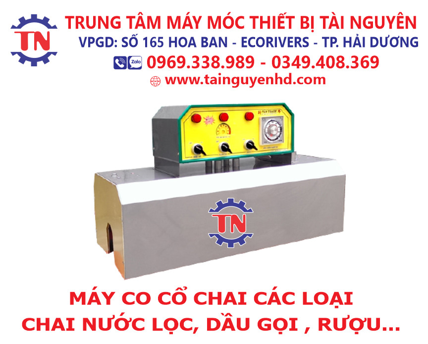 Máy co cổ chai các loại chai nước lọc, dầu gội, rượu